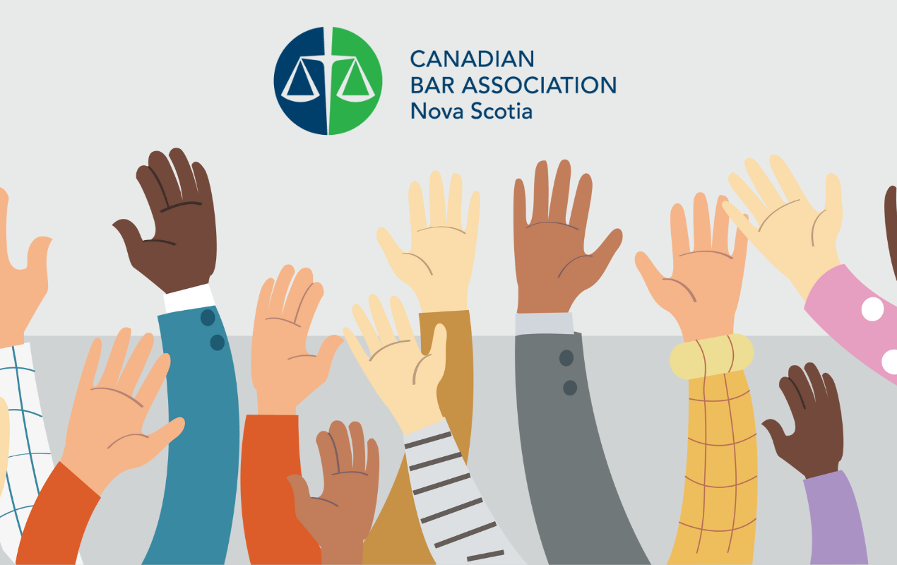 Various raised volunteer hands under CBA Nova Scotia Logo