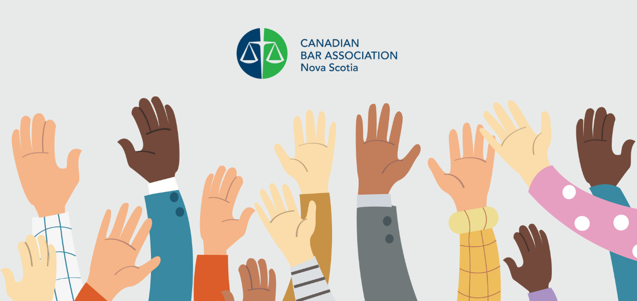 Various raised volunteer hands under CBA Nova Scotia Logo